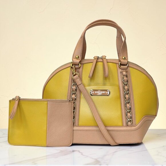 Sharif Handbags - Sharif 1827 Vegan Leather Two-Toned Bowler Satchel Bag with Matching Pouch- New